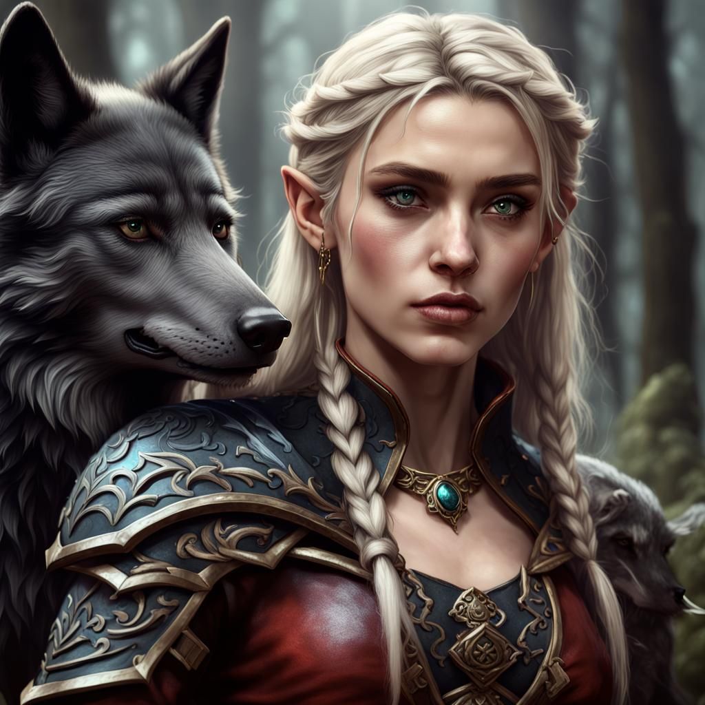Blonde Half Elf with Black Wolf, Fantasy Art