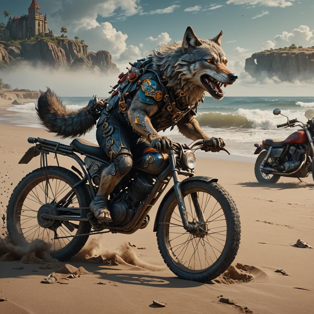 Wolf on Bike on Beach, Detailed Matte Painting