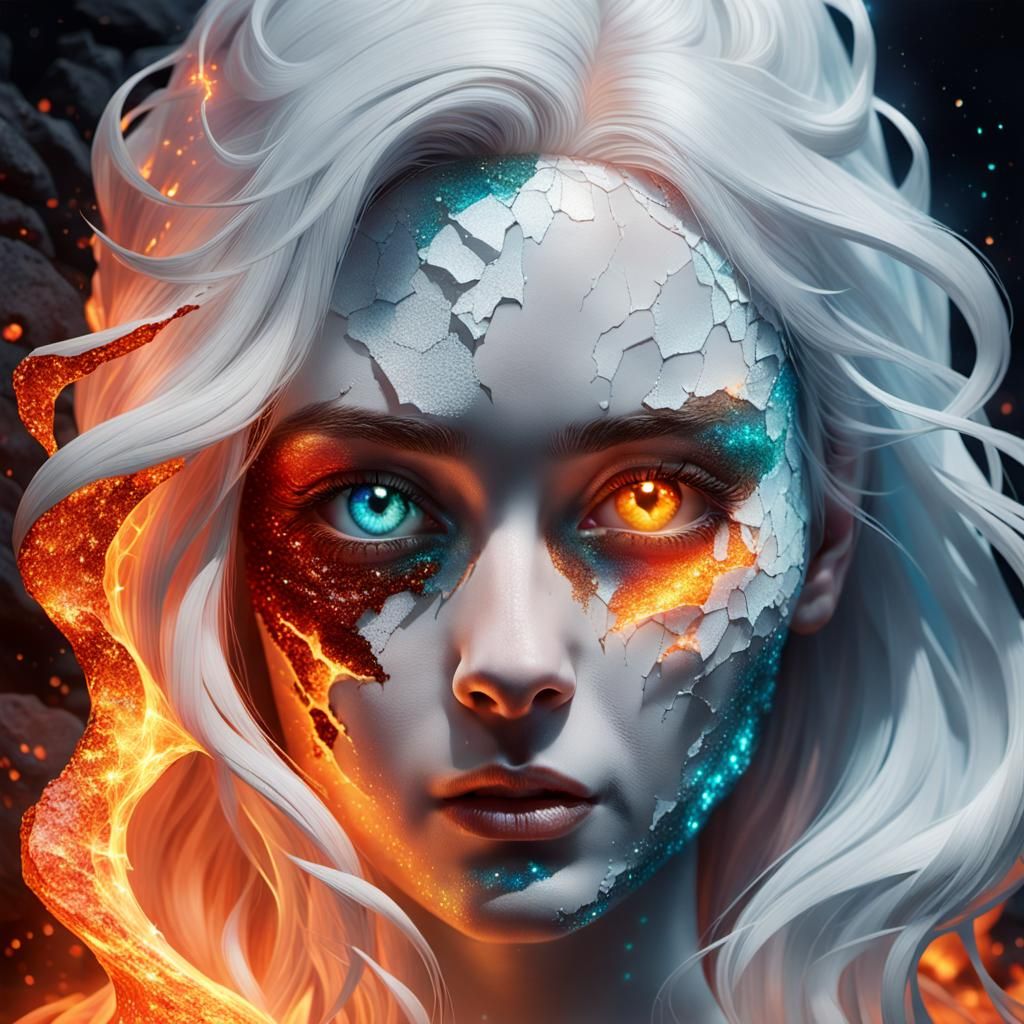 Asymmetrical Face with Fire and Ice Aesthetic