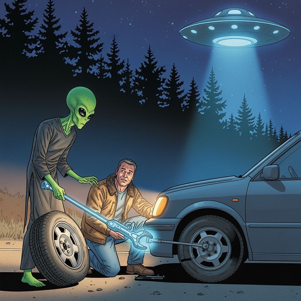 Alien Assists Man Changing Flat Tire Under Flying Saucer