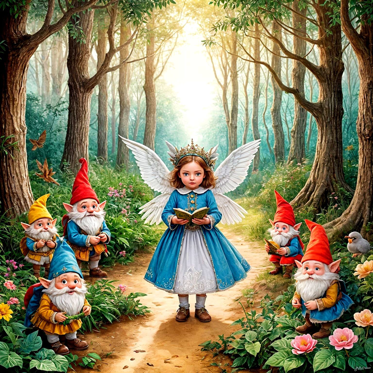 Surreal Fairy Queen with Gnomes in Whimsical Fantasy Scene