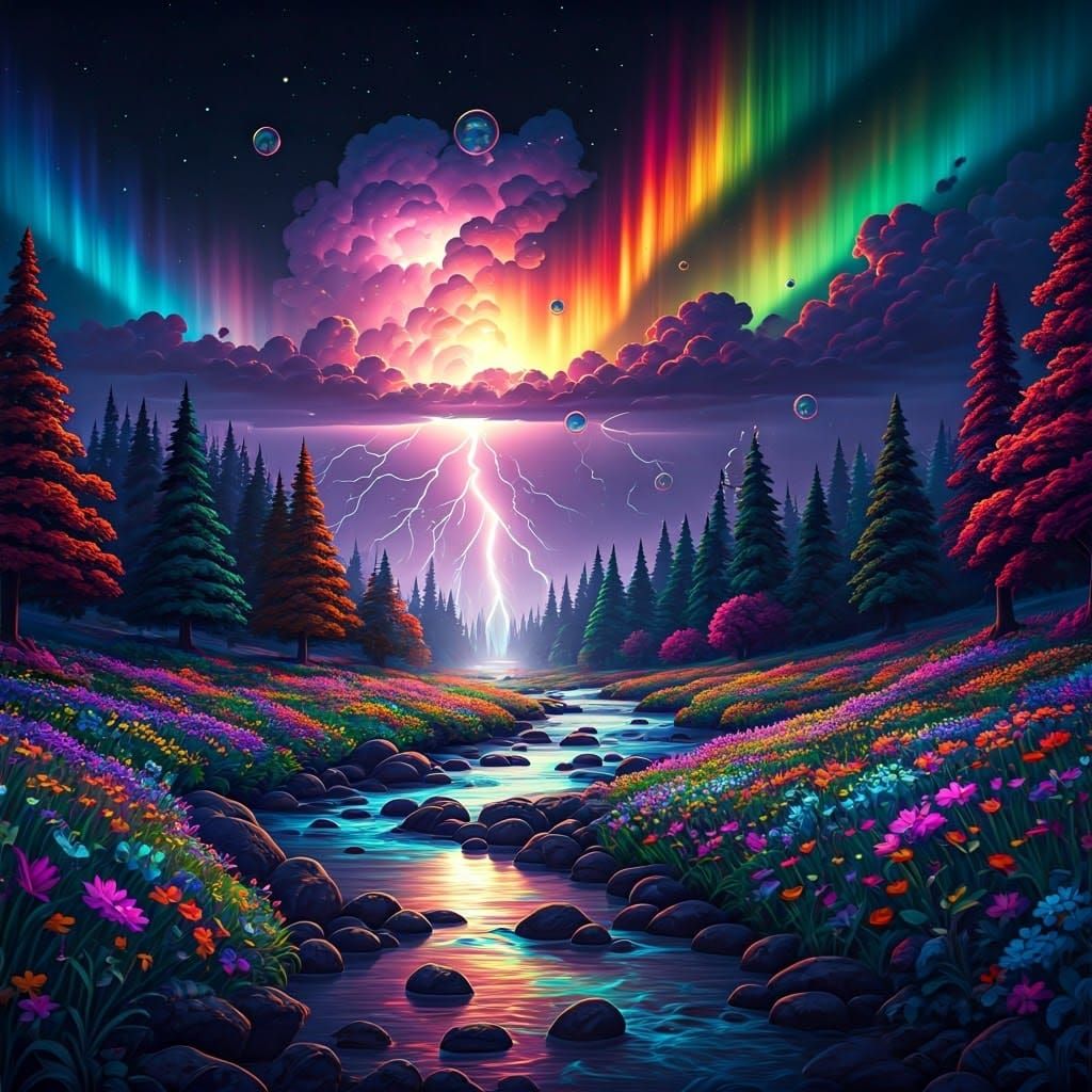 Neon Thunderstorm Over Bioluminescent Meadow