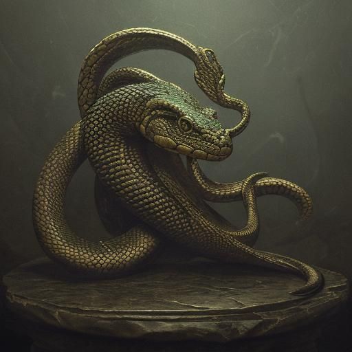 Serpent on Stone Pedestal in Baroque Oil Painting