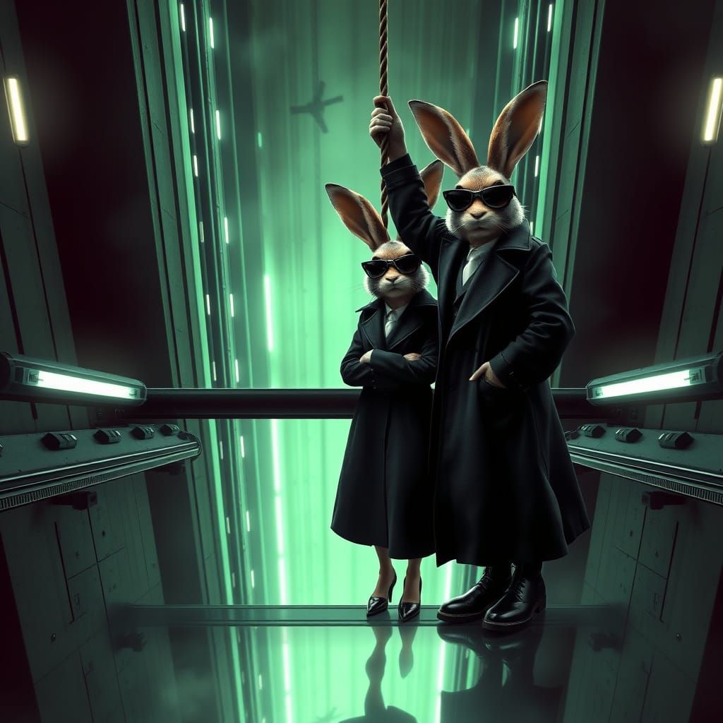 Elegant Bunnies Stand on Rooftop, Grasping Elevator Cable