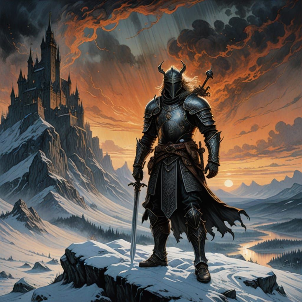 Epic Nordic Fantasy Landscape with Warrior and Majestic Obsi...