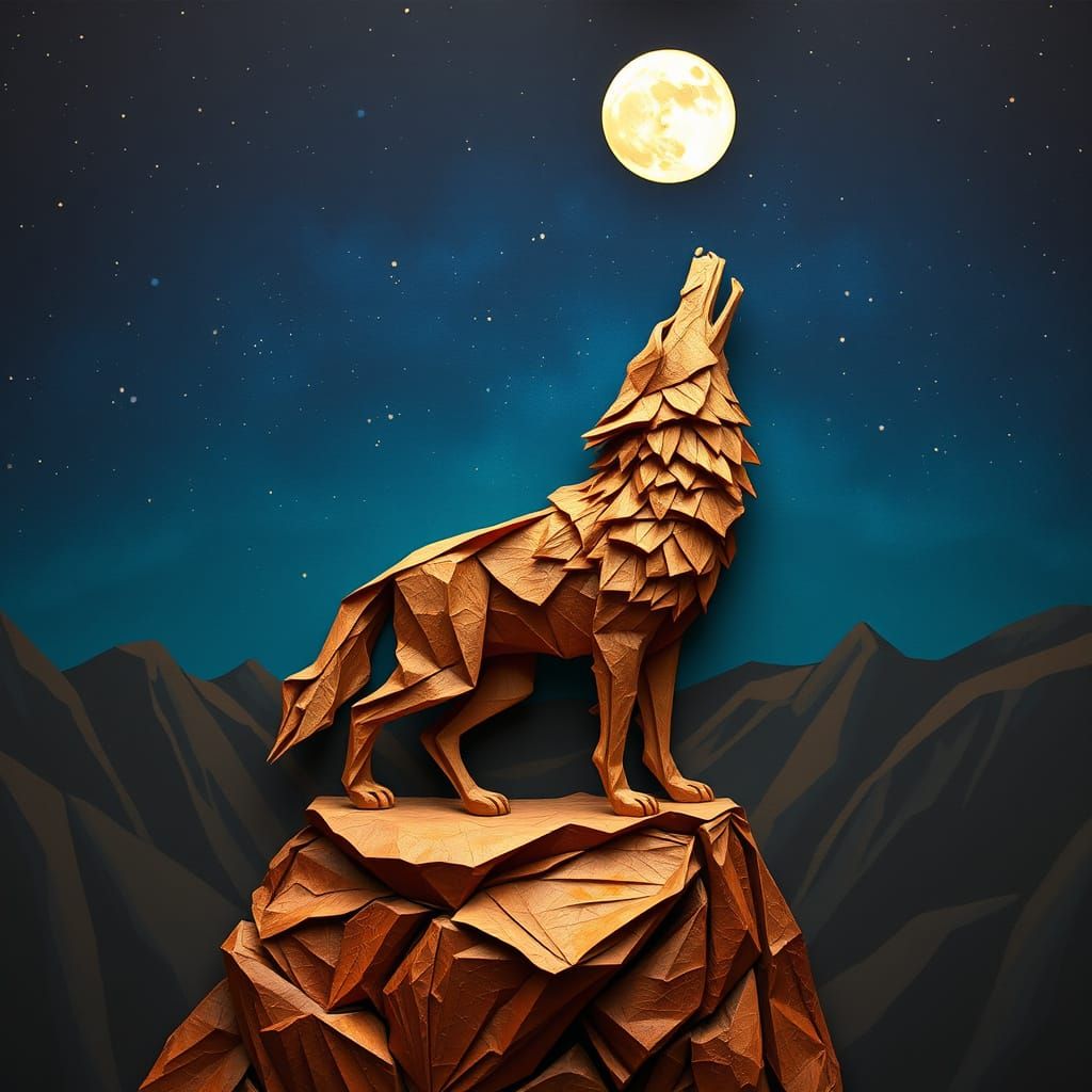 Origami Bark Wolf Howling in Surreal Landscape