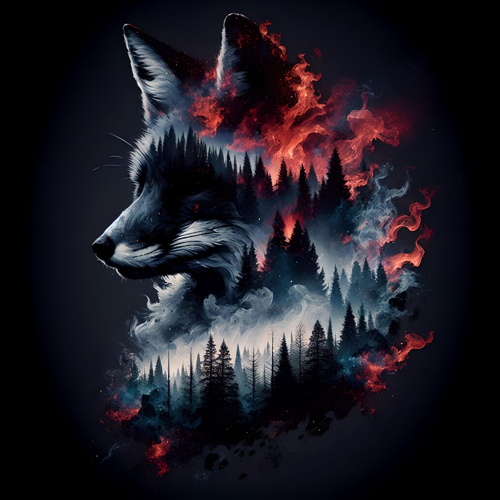 Burning Forest Fox Silhouette: Double Exposure Artwork
