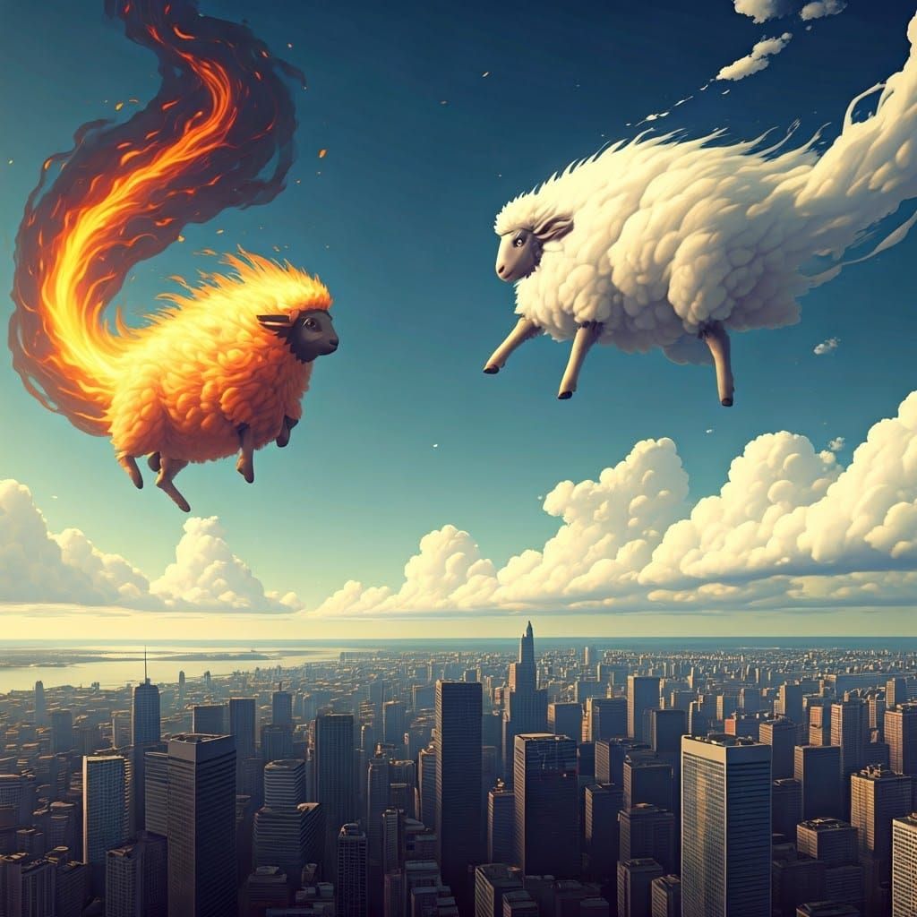 Fiery Beasts Clash with Cloud Sheep Above City