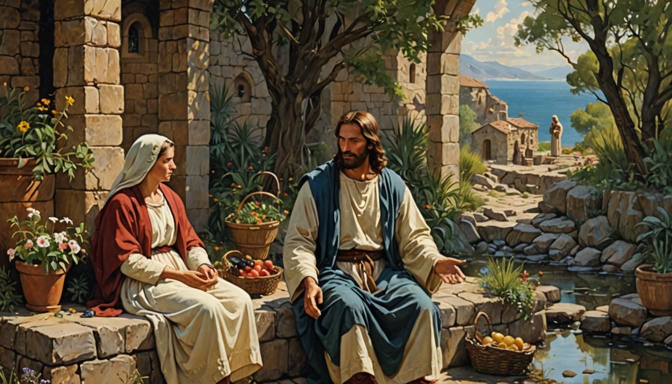 Martha, Mary, and Jesus: Oil Painting