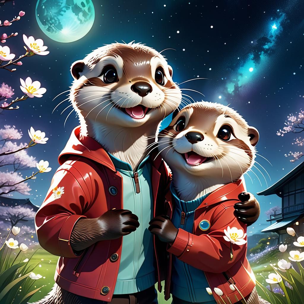 Anime Otter Couple Enjoy Spring Night in Watercolor