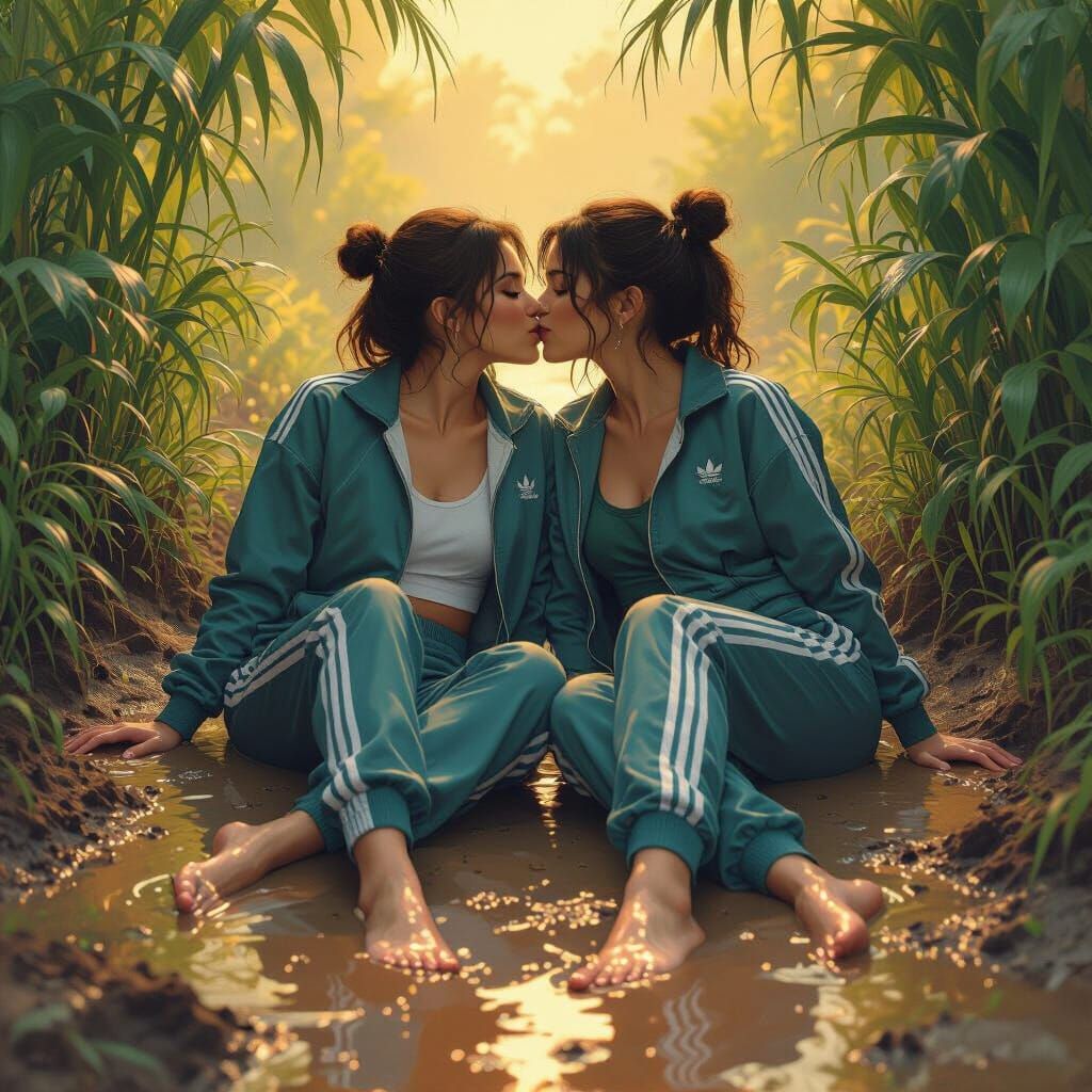 Lesbian Couple Kissing in Mud: Atmospheric Matte Painting