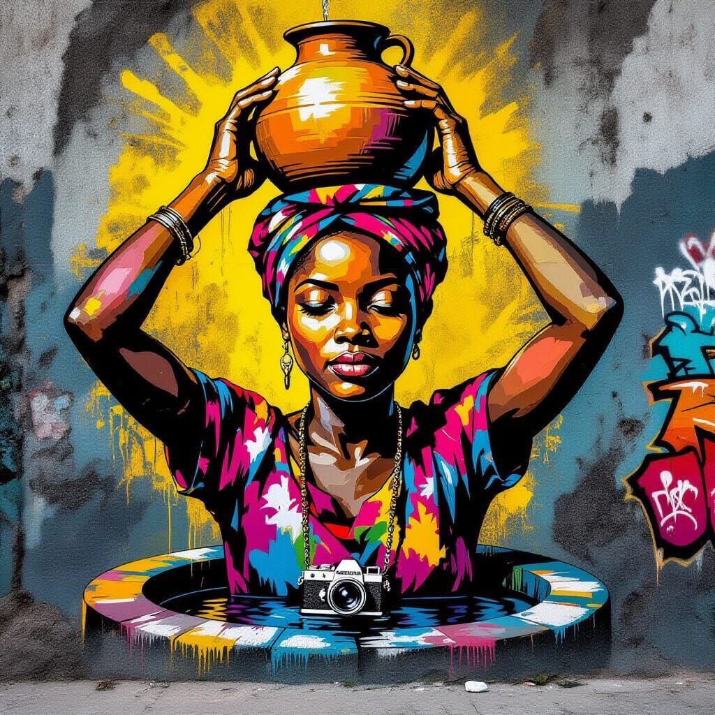 African Woman Fetches Water in Vibrant Street Art Mural