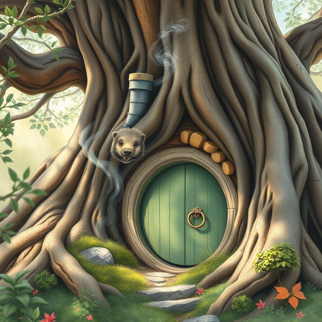A cozy hobbit hole nestled within the roots of an ancient oa...