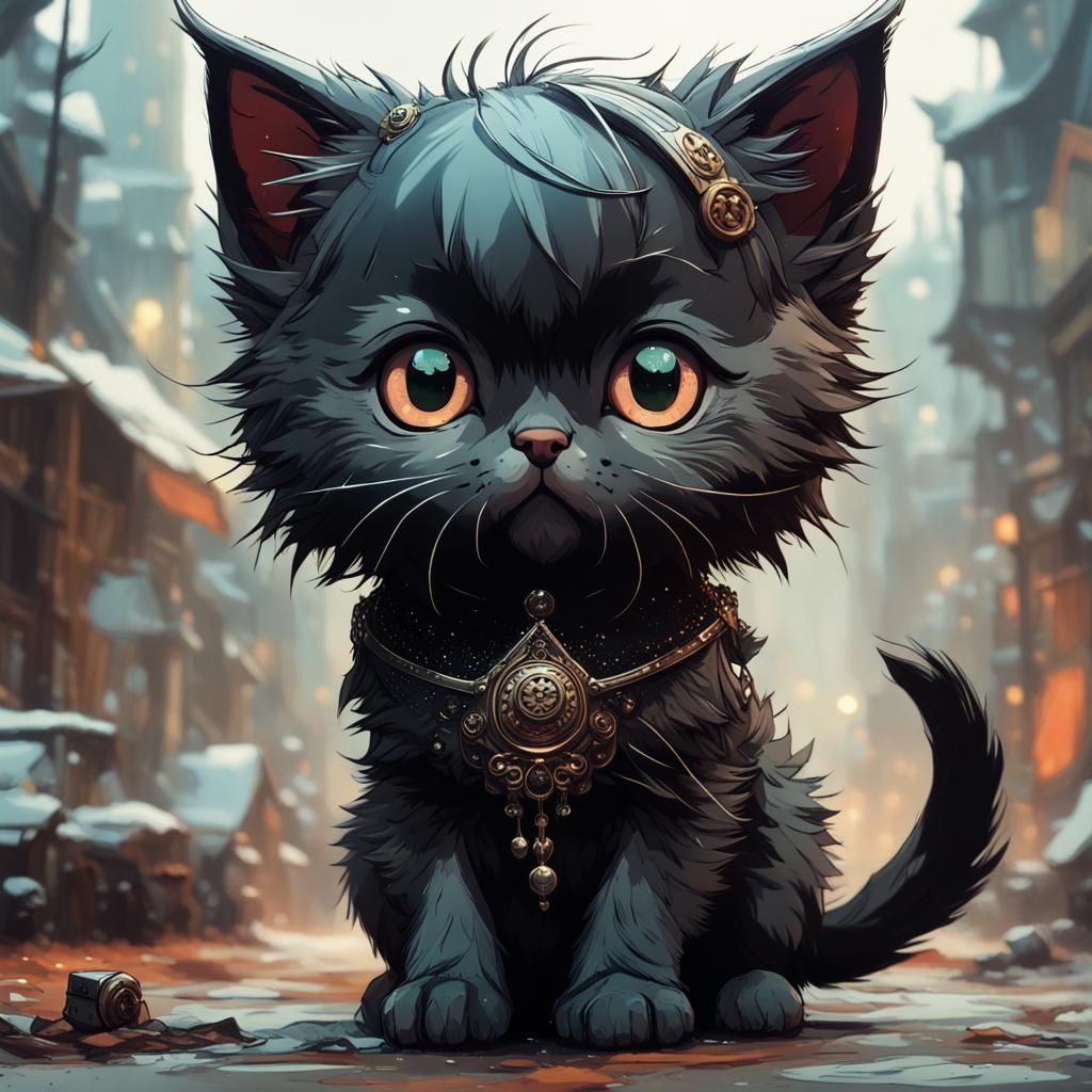 Gothic Chibi Kitten: Detailed Digital Art
