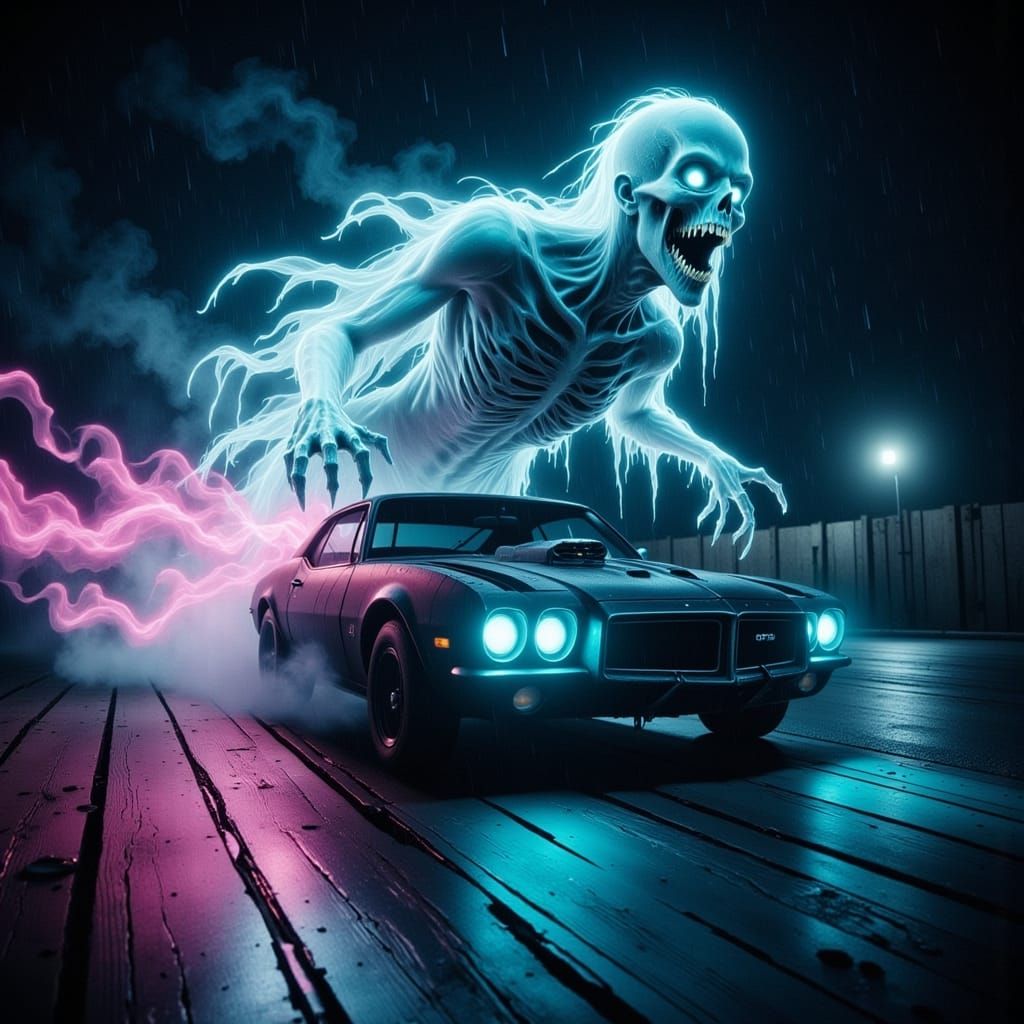 Neon Ghoul Drives Ghost Car on Rainy Highway