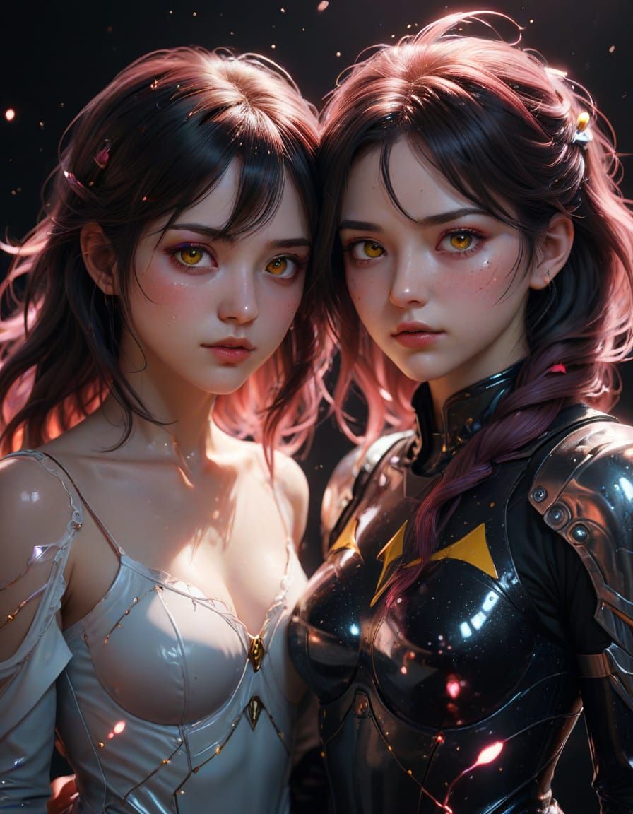 Surreal Anime Art of Two Magical Girls in Space