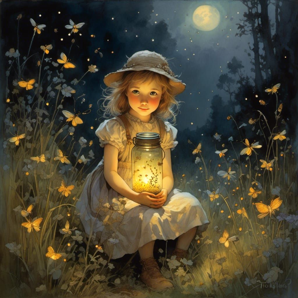 Girl with Fireflies in Glowing Meadow Oil Painting