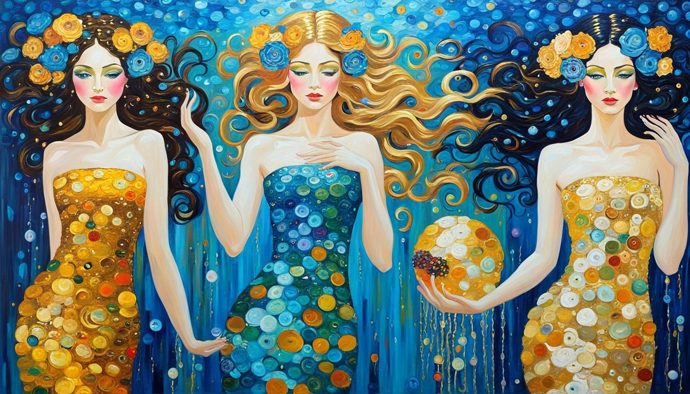 Water Nymph Goddesses in Klimt Impasto Style
