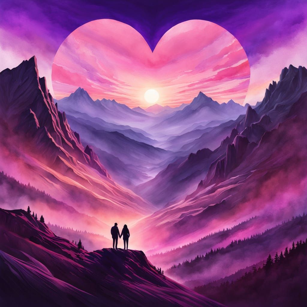 Heart Mountain Watercolor Illustration with Silhouettes