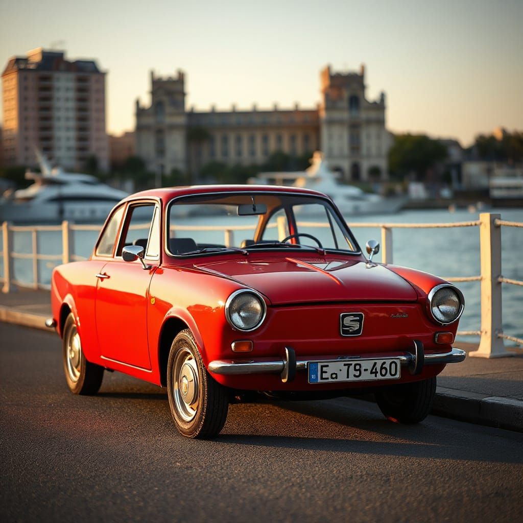 Vintage 1973 Red Seat 600 Special on Barcelona Pier