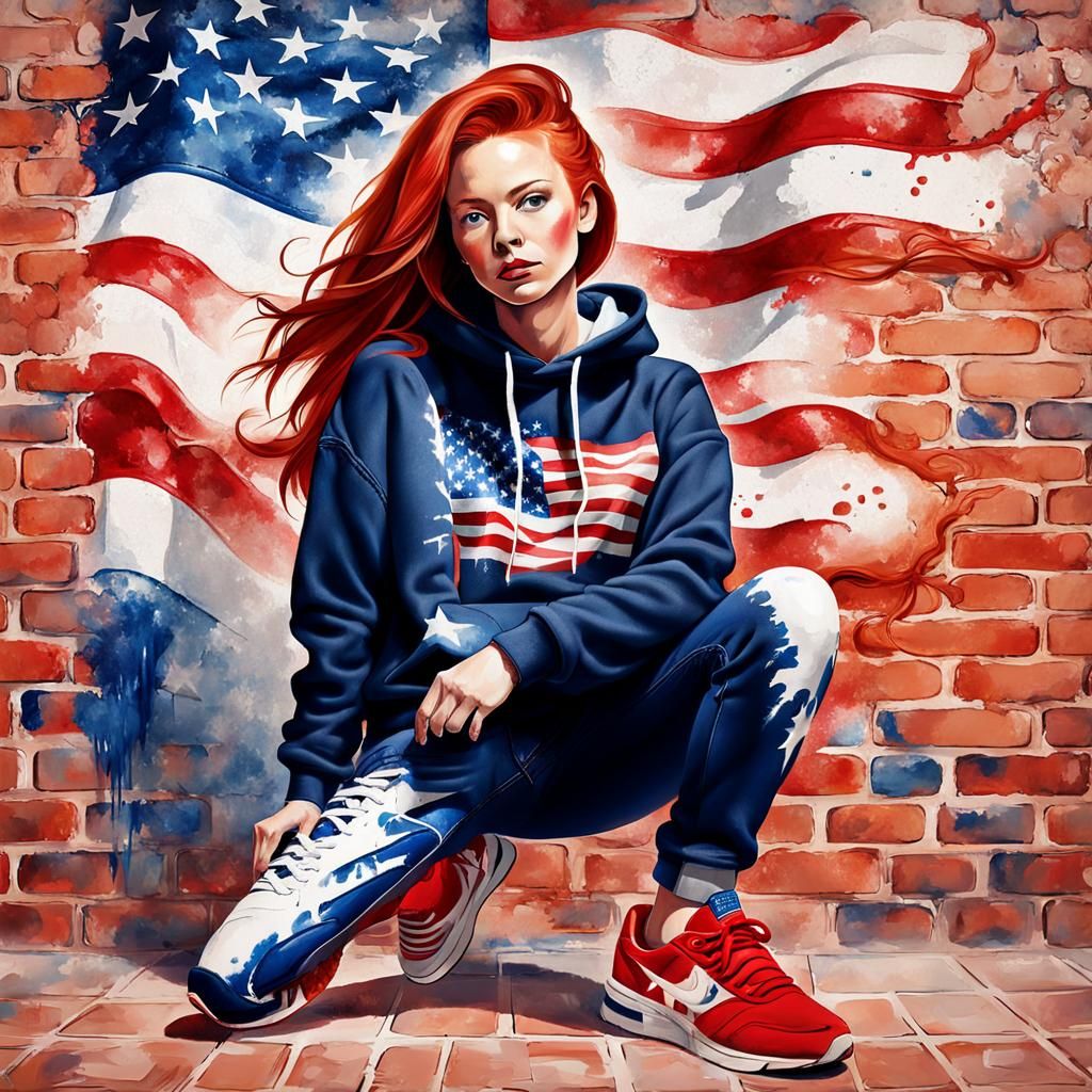 American Woman in US Flag Hoodie, Airbrush Style