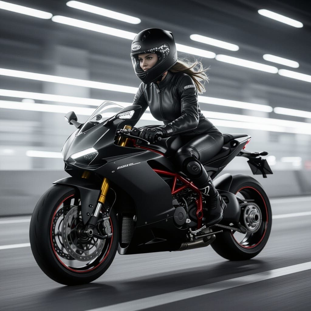 Woman on Black Ducati Motorcycle in Film Noir Style