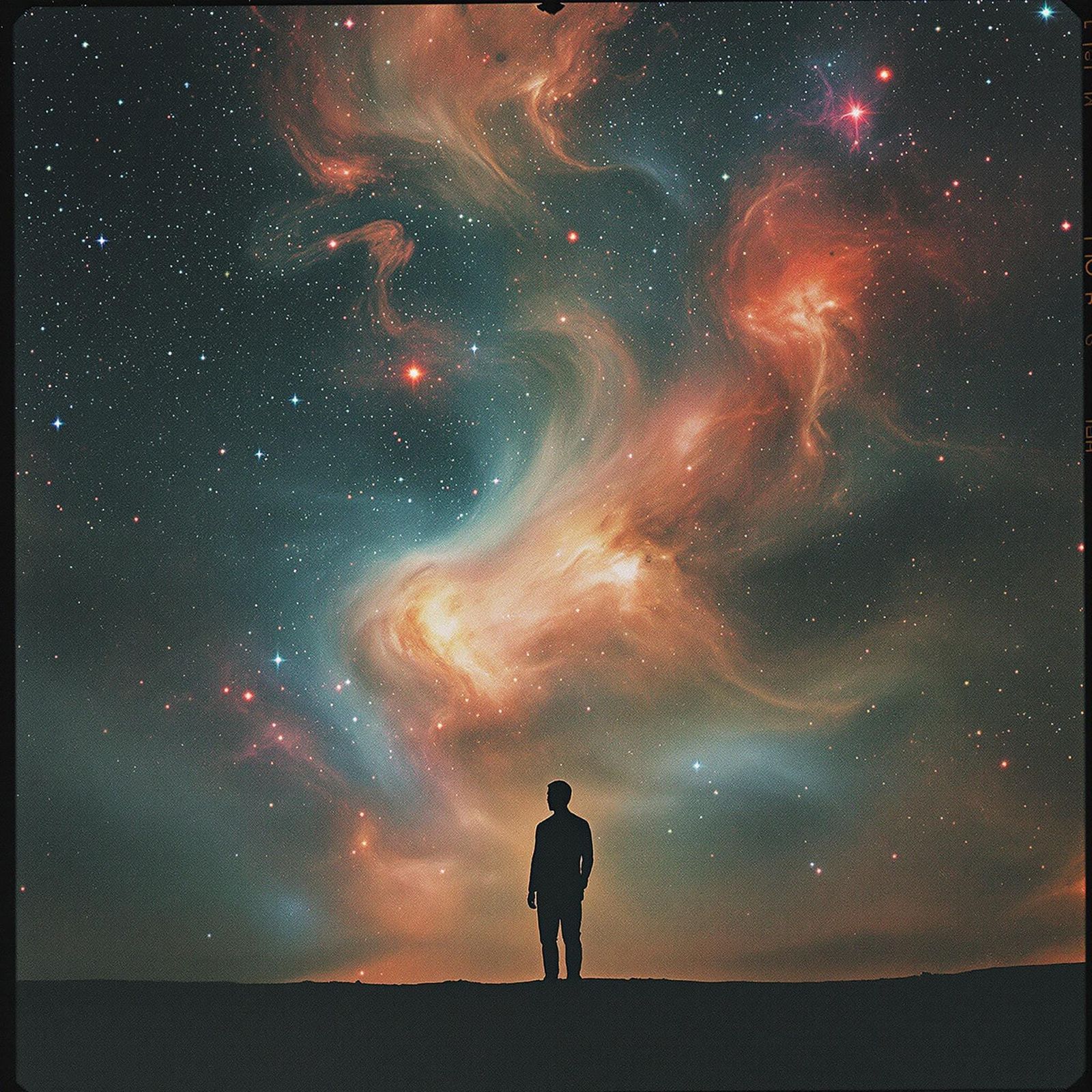 Silhouette Against Iridescent Nebula in Vintage Film Style