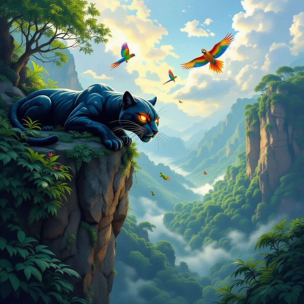 Stone Panther with Fiery Eyes Overlooking Rainforest