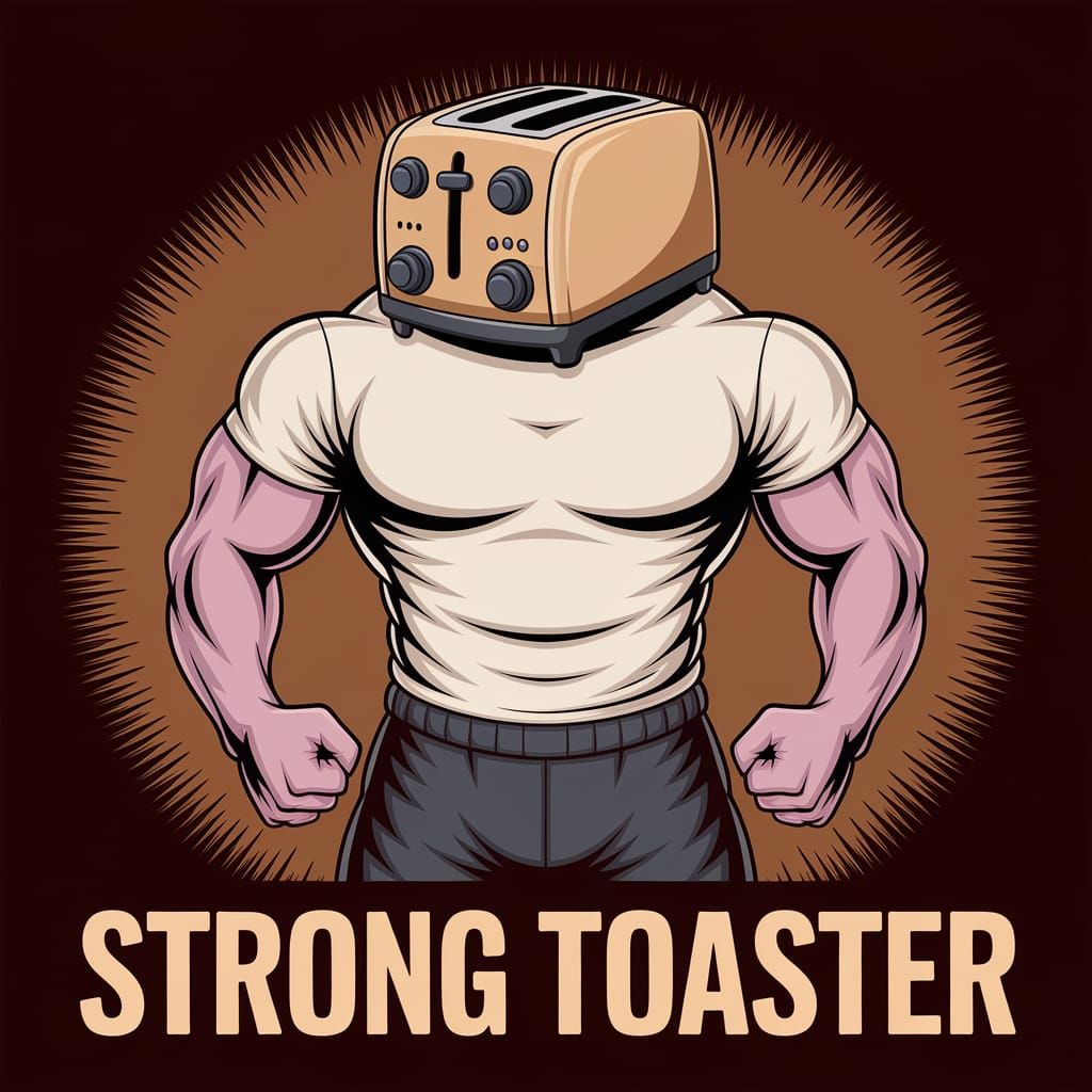 Muscular Man with Toaster Head in Dark Brown Background