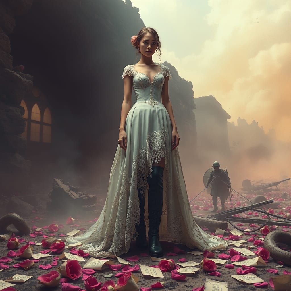 Woman in Ball Gown Amidst War, Digital Art