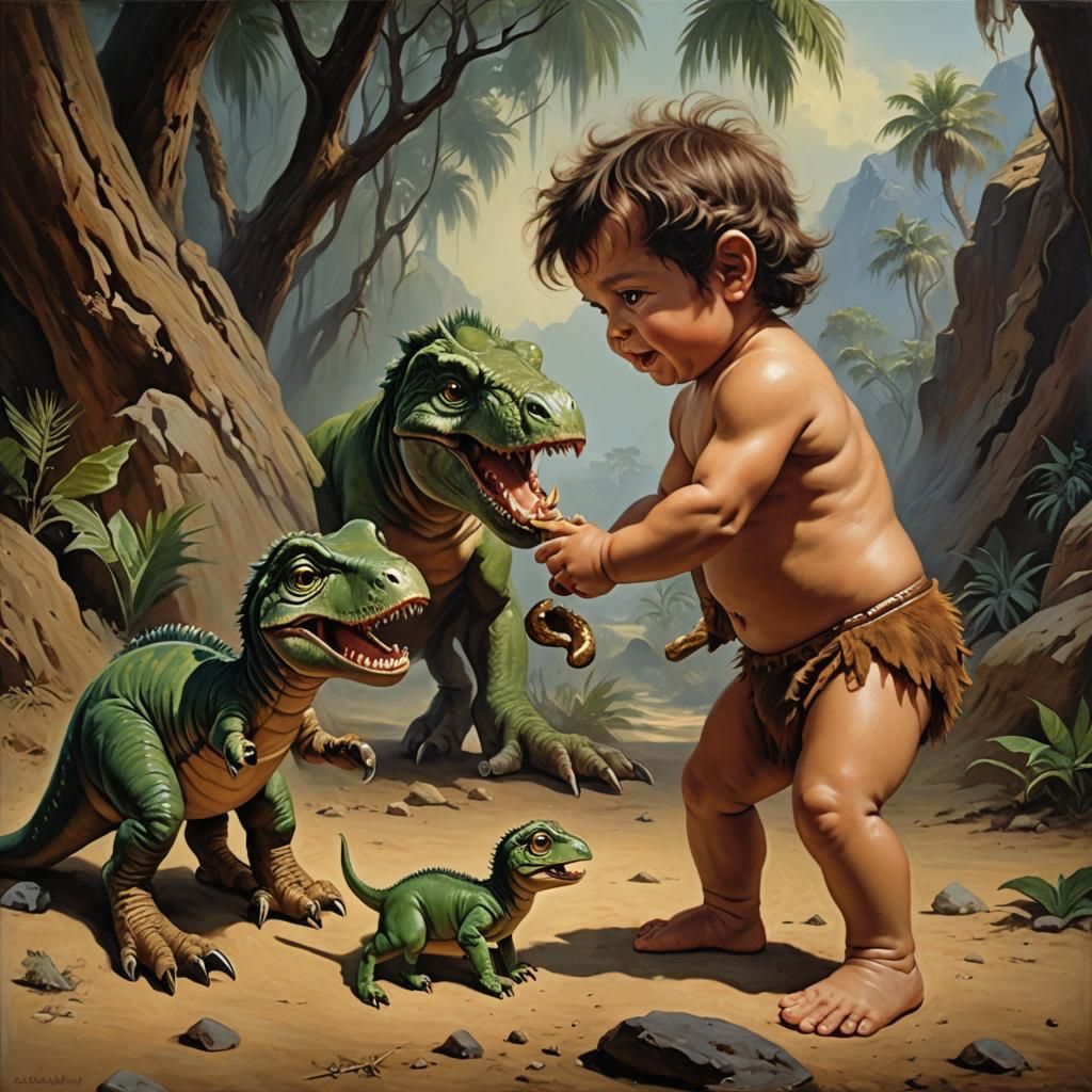 Caveman and Dinosaur Playtime in Oil Paint