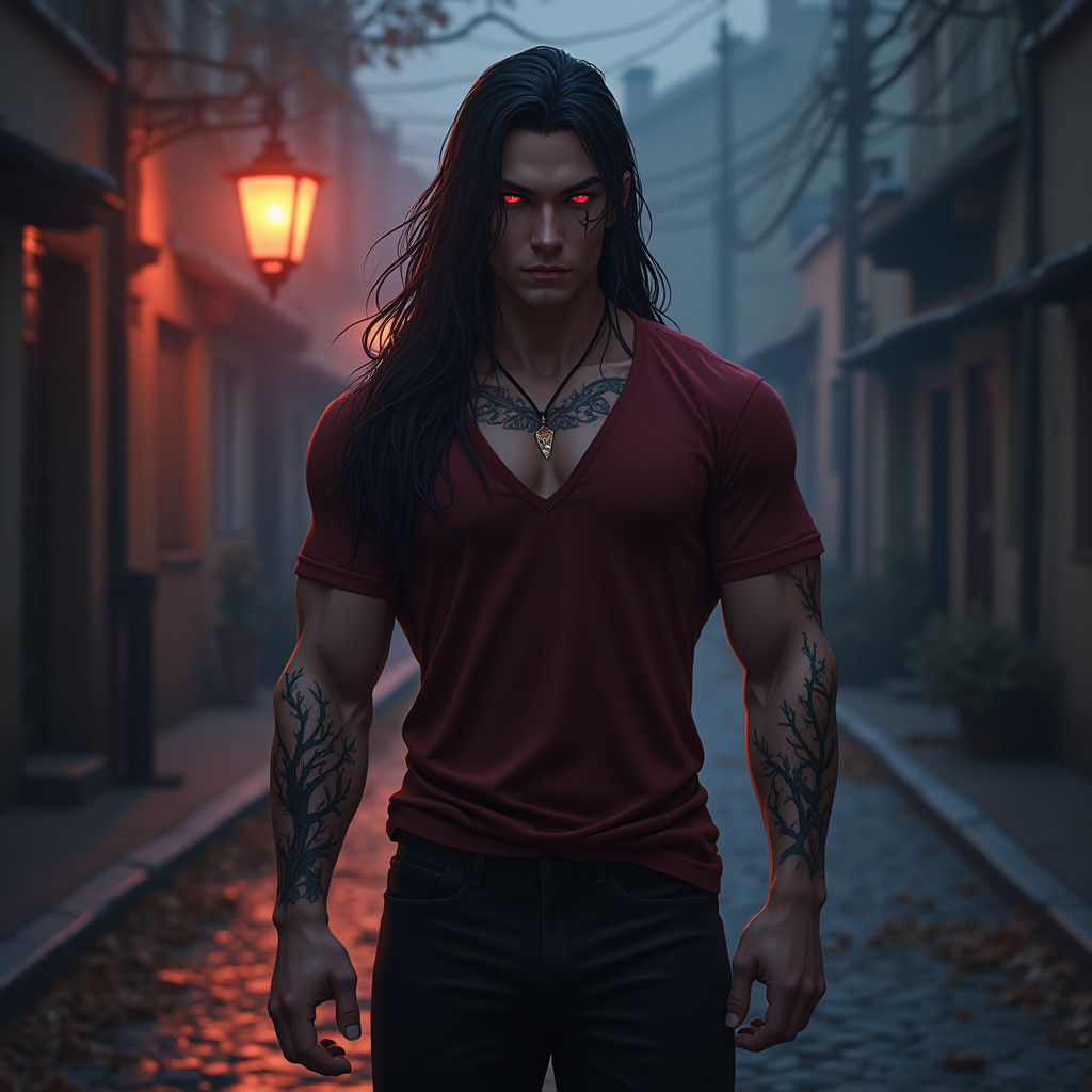Crimson Shadows: Detailed Painting of Youthful Man