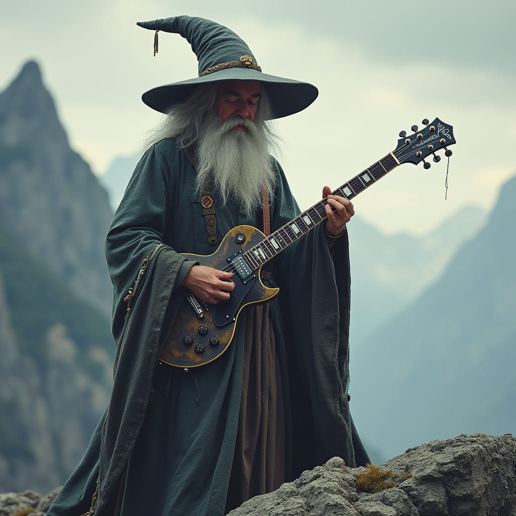 Wizard Shreds Electric Guitar on Mountain Peak