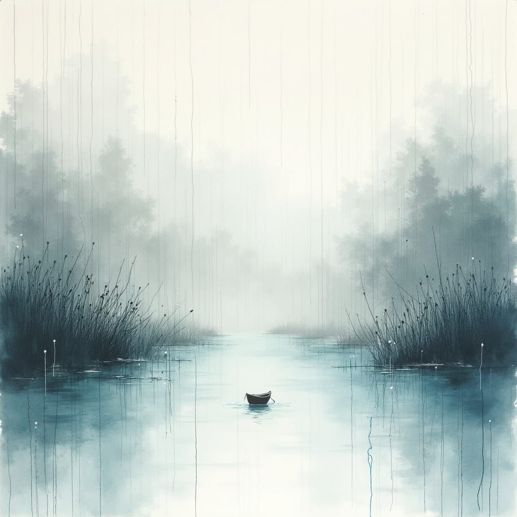 Zen Watercolor Boats in Serene Lake Landscape