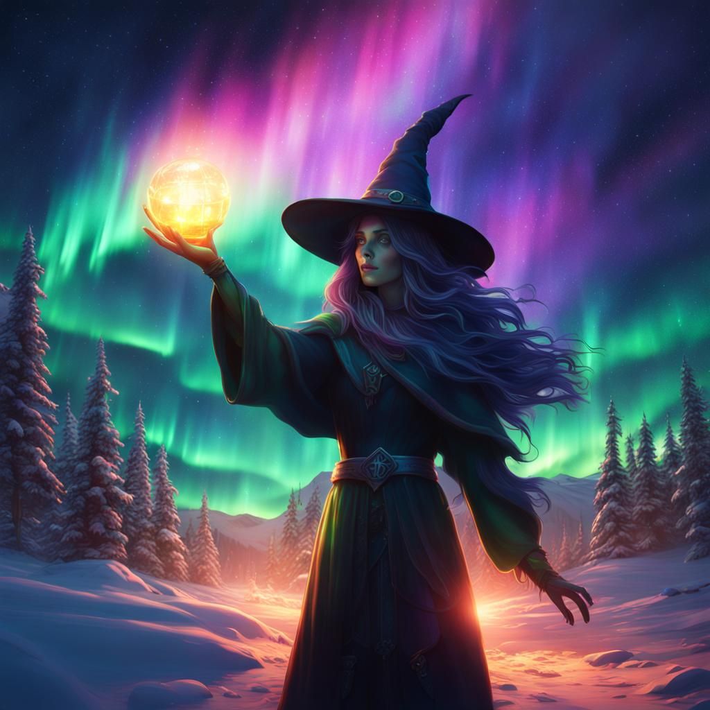 Glowing Witch Holding Aurora Borealis Lights