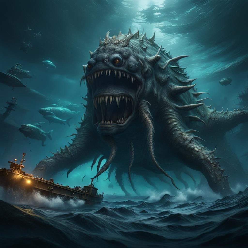 Lovecraftian Underwater Behemoth Chasing Submarine in Deep T...