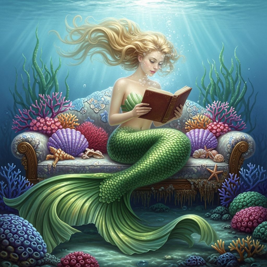 Mermaid Reading on Coral Couch in Ethereal Fantasy Scene