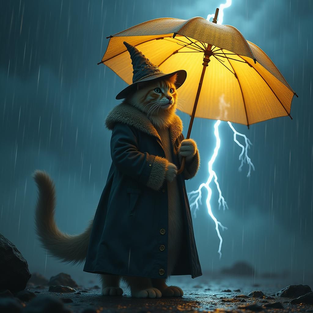 Cat with Glowing Umbrella in Storm, Matte Painting