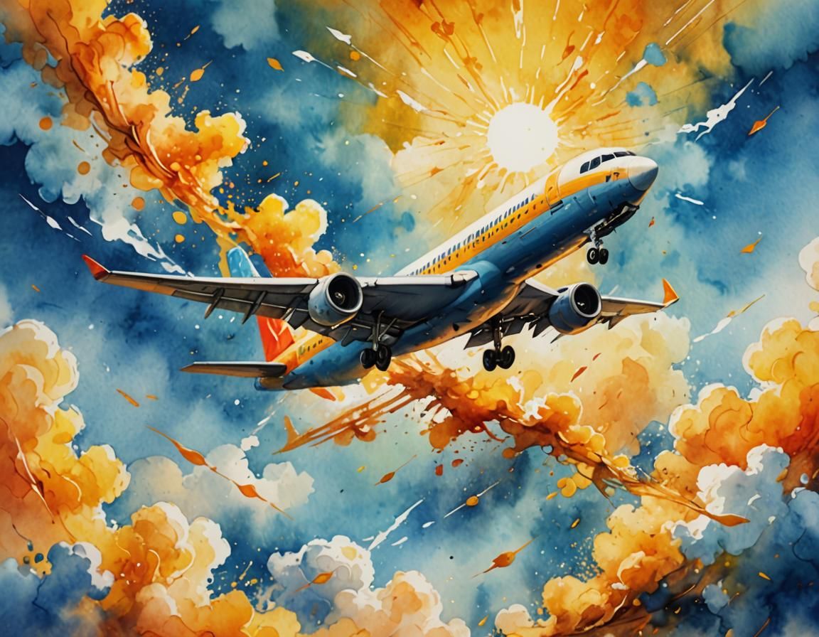 Airplane Soaring in Sunny Sky: Watercolor Art