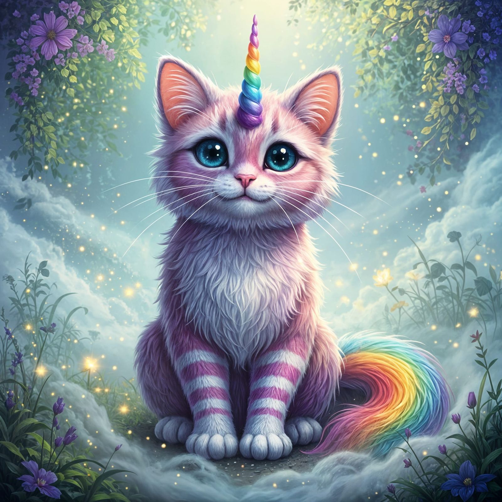 Cute Fluffy Kittycorn with Rainbow Tail in Ethereal Style