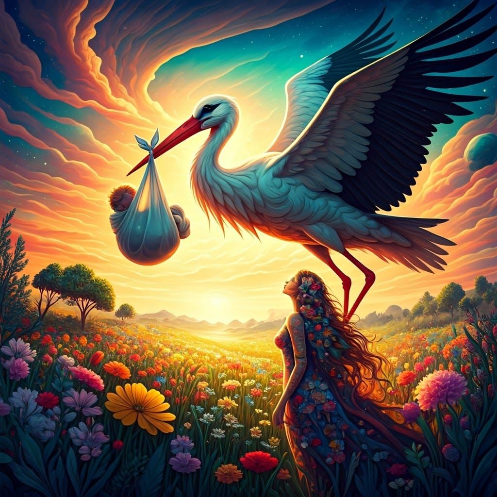 Majestic Stork Soars Through Vibrant Dreamlike Meadow