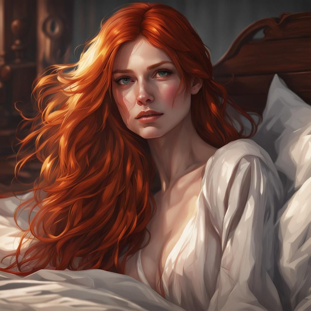 Redhead Portrait with Flowing Hair in Hyperrealistic Style