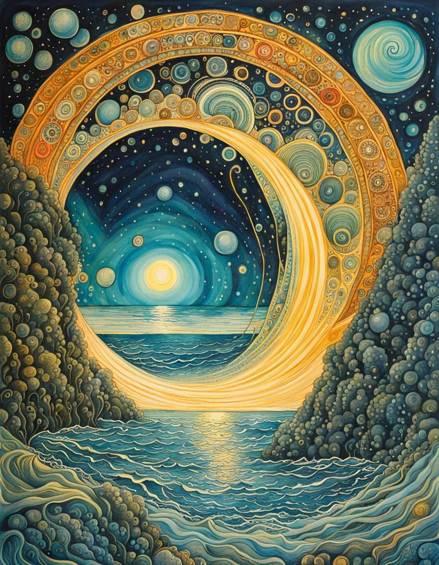 Alien in Seascape Portal with Neon and Watercolor