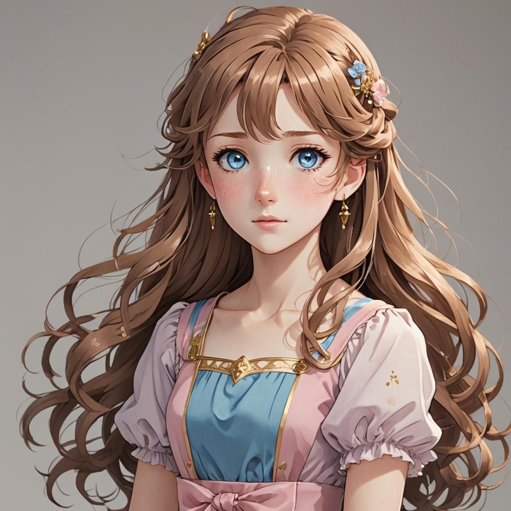 Anime Girl with Freckles in Pink and Gold Dress
