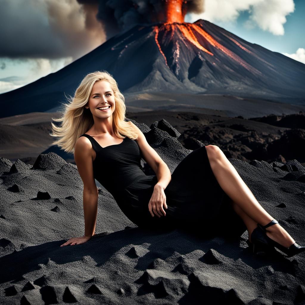 Woman on Volcano Edge: Hyperrealistic 64 Megapixel Image
