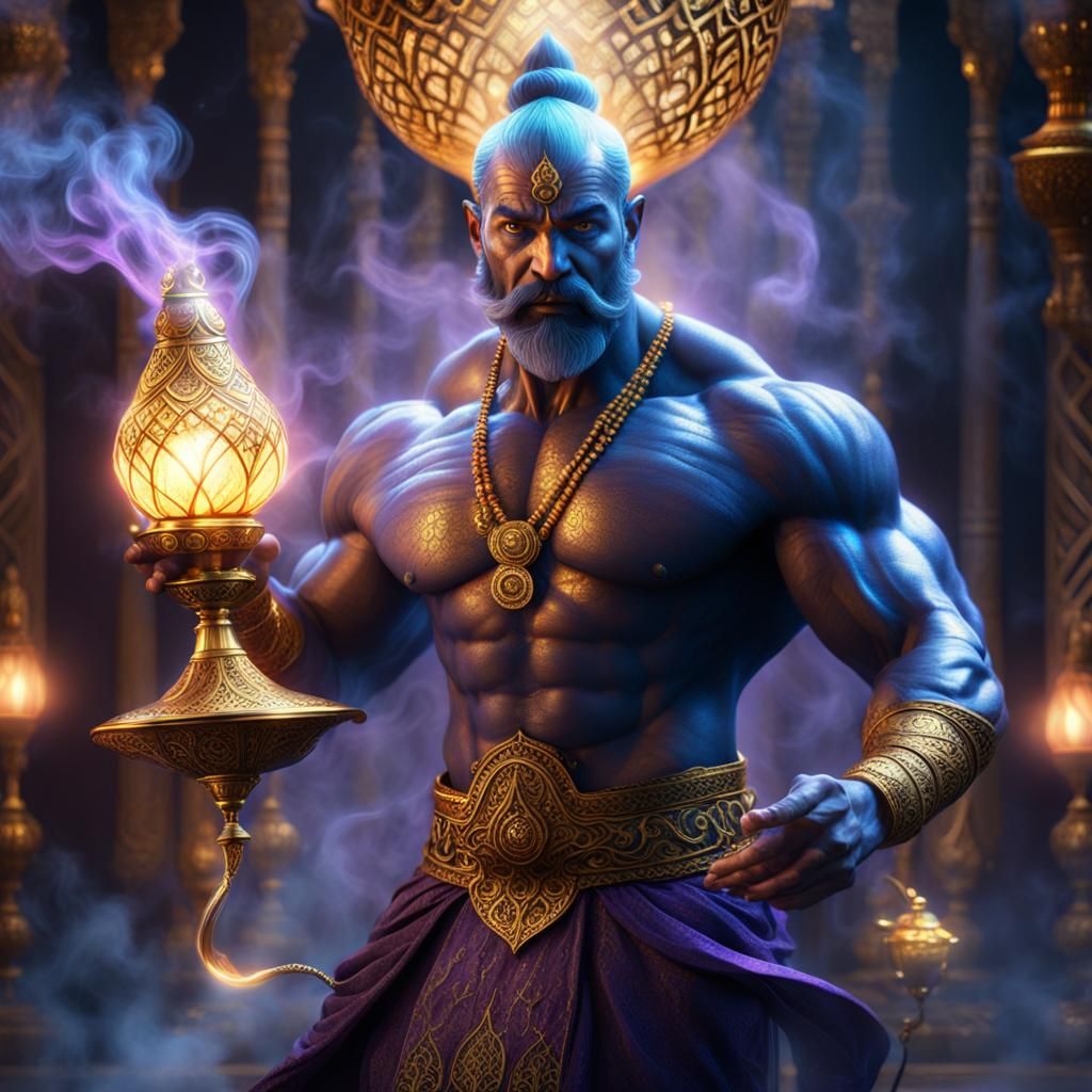 Ethereal Genie Emerges from Golden Lamp in a Shimmering Disp...