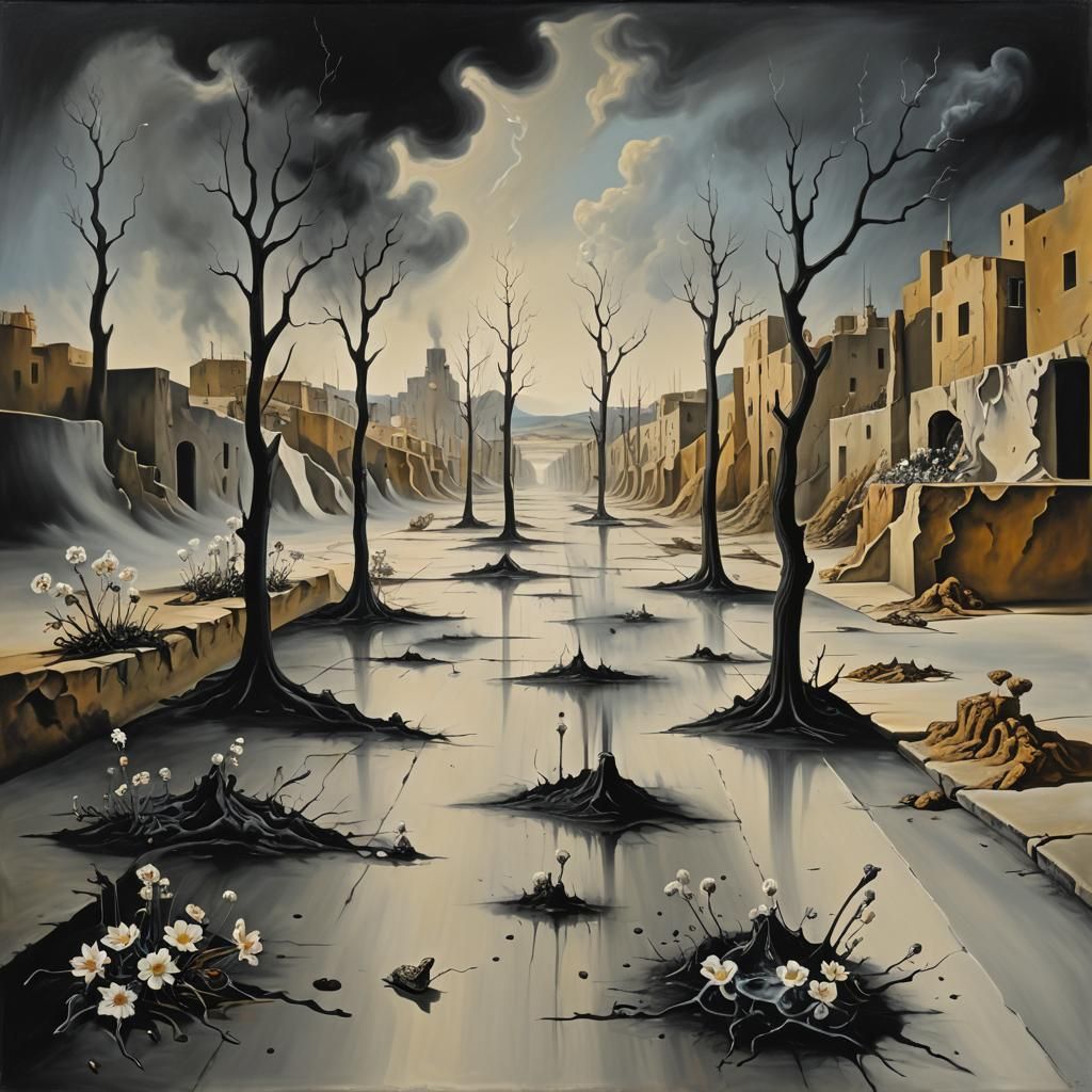 Surreal Melting Landscape with Asphalt Flowers