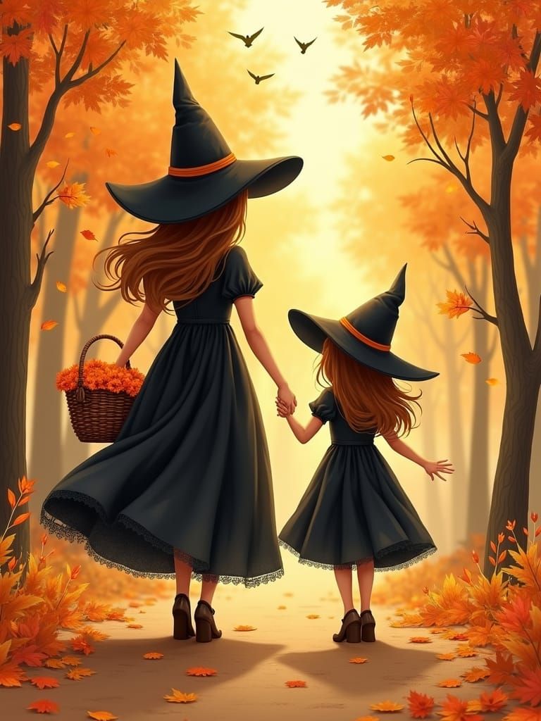 Magical Autumn Walk: Mother and Daughter Illustration