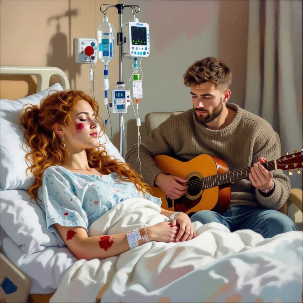 Man Sings to Injured Woman in Hospital, Oil Painting