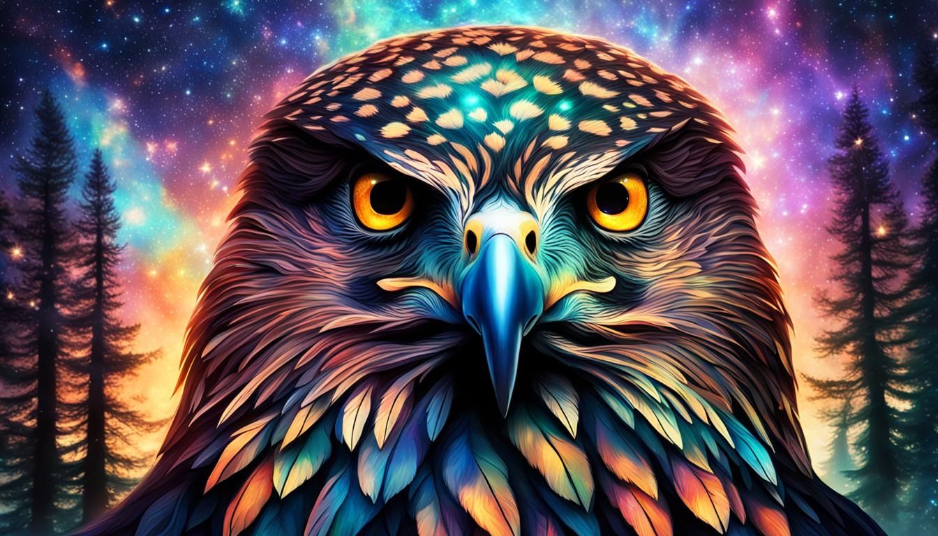 Cosmic Hawk Portrait in Starry Forest